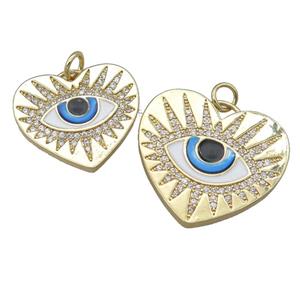 copper heart pendant pave zircon with evil eye, enamel, gold plated, approx 18-20mm [FN24035-S]