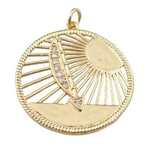 copper circle sun pendant paved zircon, boat, gold plated, approx 27mm [FN24038]