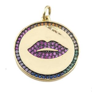 copper circle pendant pave zircon, lip, gold plated, approx 20mm [FN24057]