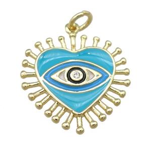copper heart pendant with teal enamel, eye, gold plated, approx 20mm [FN24060]