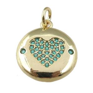 copper circle pendant pave zircon, green heart, gold plated, approx 15mm [FN24065]