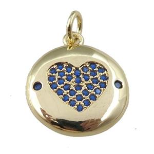 copper circle pendant pave zircon, blue heart, gold plated, approx 15mm [FN24067]