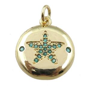 copper circle pendant pave zircon, green star, gold plated, approx 15mm [FN24068]