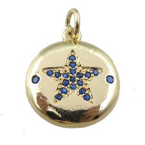 copper circle pendant pave zircon, blue star, gold plated, approx 15mm [FN24069]