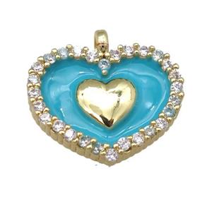 copper heart pendant pave zircon with teal enamel, gold plated, approx 15-18mm [FN24074]