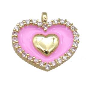 copper heart pendant pave zircon with pink enamel, gold plated, approx 15-18mm [FN24076]
