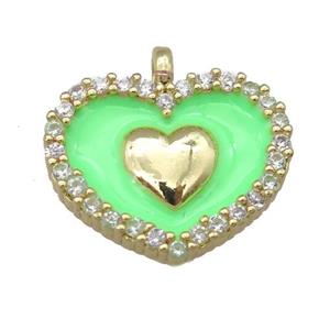 copper heart pendant pave zircon with green enamel, gold plated, approx 15-18mm [FN24077]