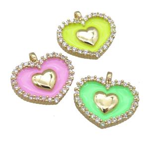 copper heart pendant pave zircon with enamel, gold plated, mixed, approx 15-18mm [FN24079]