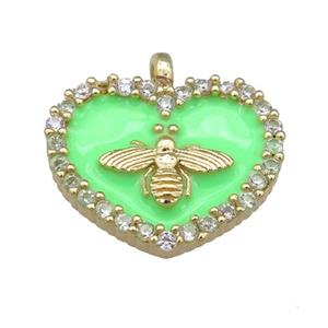 green Enamel Heart copper pendant pave zircon, honeybee, gold plated, approx 15-18mm [FN24080]