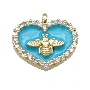 teal Enamel Heart copper pendant pave zircon, honeybee, gold plated, approx 15-18mm [FN24081]