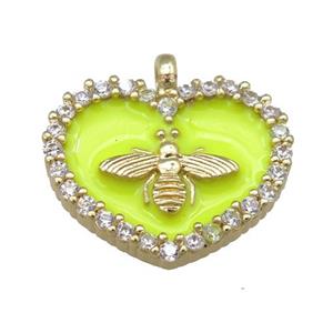 yellow Enamel Heart copper pendant pave zircon, honeybee, gold plated, approx 15-18mm [FN24082]