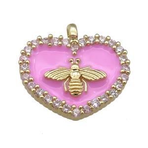 pink Enamel Heart copper pendant pave zircon, honeybee, gold plated, approx 15-18mm [FN24083]