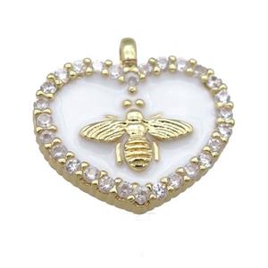 white Enamel Heart copper pendant pave zircon, honeybee, gold plated, approx 15-18mm [FN24084]