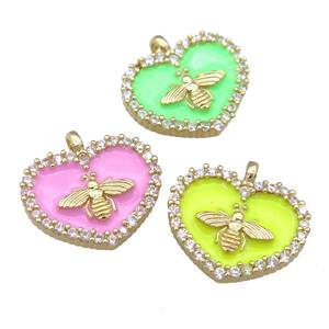Enamel Heart charm copper pendant pave zircon, honeybee, gold plated, mixed, approx 15-18mm [FN24085]