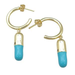copper Stud Earring with teal enamel pill, gold plated, approx 6-18mm, 20mm dia [FN24103]