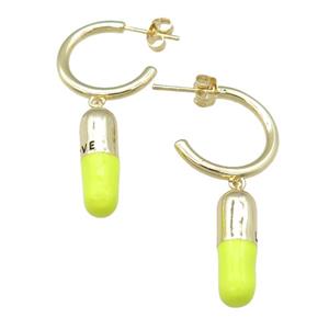 copper Stud Earring with yellow enamel pill, gold plated, approx 6-18mm, 20mm dia [FN24104]