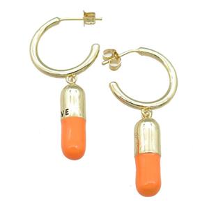 copper Stud Earring with orange enamel pill, gold plated, approx 6-18mm, 20mm dia [FN24105]