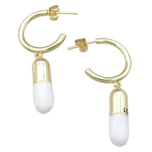 copper Stud Earring with white enamel pill, gold plated, approx 6-18mm, 20mm dia [FN24106]