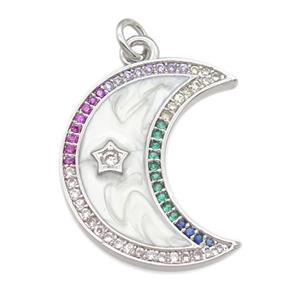 copper moon pendant pave zircon with enamel pearlized resin, platinum plated, approx 11-23mm [FN24227]