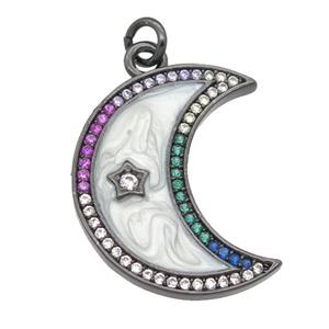 copper moon pendant pave zircon with enamel pearlized resin, black plated, approx 11-23mm [FN24228]