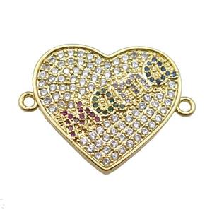 copper heart connector pave zircon, MAMA, gold plated, approx 24-30mm [FN24256]
