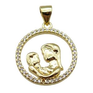 copper pendant pave zircon, mother, gold plated, approx 18mm [FN24258]