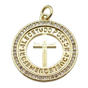 copper circle pendant pave zircon, cross, gold plated, approx 21mm [FN24259]