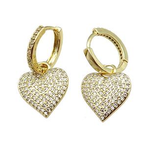 copper Hoop Earrings pave zircon, heart, gold plated, approx 14.5mm, 14mm dia [FN24268]