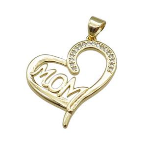 copper heart pendant pave zircon, MOM, gold plated, approx 20-22mm [FN24269]