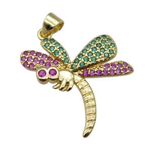 copper dragonfly pendant paved zircon, gold plated, approx 23-25mm [FN24302]