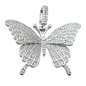 copper butterfly pendant pave zircon, platinum plated, approx 30-42mm [FN24329]