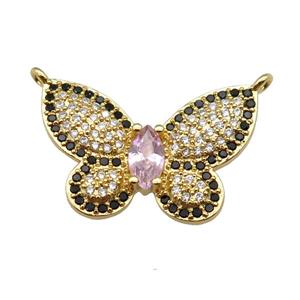 copper butterfly pendant pave zircon with 2loops, gold plated, approx 17-25mm [FN24332]