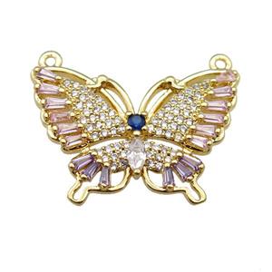 copper butterfly pendant pave zircon with 2loops, gold plated, approx 20-28mm [FN24334]