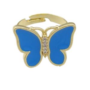 copper butterfly Rings with blue enamel, adjustable, gold plated, approx 16-20mm, 17mm dia [FN24338]