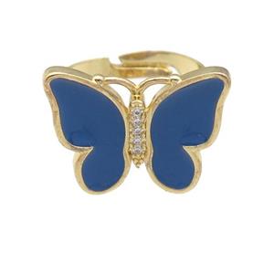 copper butterfly Rings with dp.blue enamel, adjustable, gold plated, approx 16-20mm, 17mm dia [FN24339]