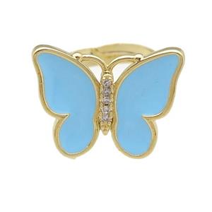 copper butterfly Rings with blue lt.enamel, adjustable, gold plated, approx 16-20mm, 17mm dia [FN24340]