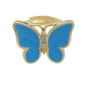 copper butterfly Rings with blue enamel, adjustable, gold plated, approx 16-20mm, 17mm dia [FN24341]