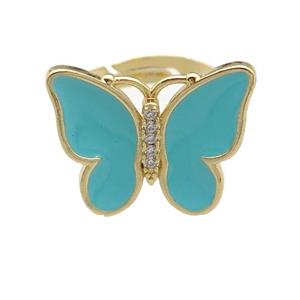 copper butterfly Rings with teal enamel, adjustable, gold plated, approx 16-20mm, 17mm dia [FN24342]