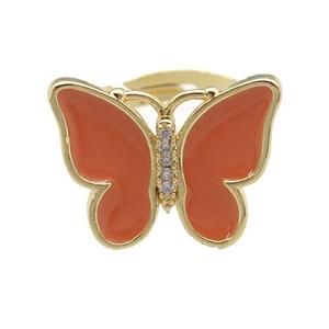 copper butterfly Rings with orange enamel, adjustable, gold plated, approx 16-20mm, 17mm dia [FN24343]