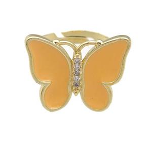 copper butterfly Rings with peach enamel, adjustable, gold plated, approx 16-20mm, 17mm dia [FN24344]