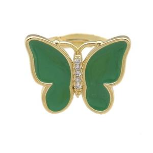copper butterfly Rings with green enamel, adjustable, gold plated, approx 16-20mm, 17mm dia [FN24345]