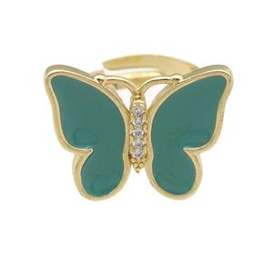 copper butterfly Rings with green enamel, adjustable, gold plated, approx 16-20mm, 17mm dia [FN24346]