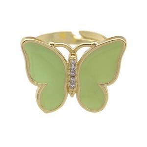 copper butterfly Rings with lt.green enamel, adjustable, gold plated, approx 16-20mm, 17mm dia [FN24347]
