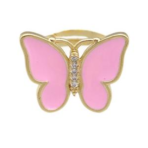 copper butterfly Rings with pink enamel, adjustable, gold plated, approx 16-20mm, 17mm dia [FN24351]