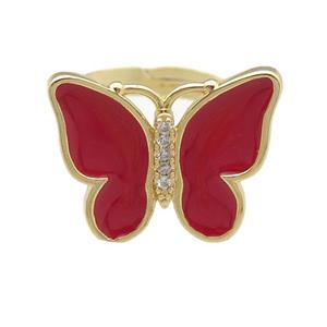 copper butterfly Rings with red enamel, adjustable, gold plated, approx 16-20mm, 17mm dia [FN24352]