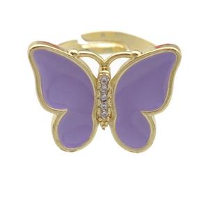 copper butterfly Rings with lavender enamel, adjustable, gold plated, approx 16-20mm, 17mm dia [FN24353]