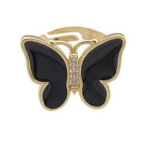 copper butterfly Rings with black enamel, adjustable, gold plated, approx 16-20mm, 17mm dia [FN24354]