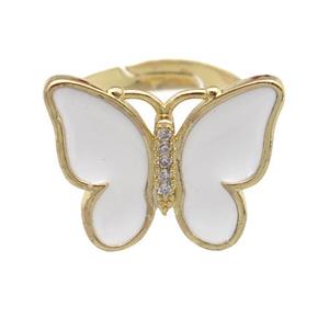 copper butterfly Rings with white enamel, adjustable, gold plated, approx 16-20mm, 17mm dia [FN24355]
