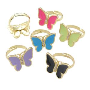 copper butterfly Rings with enamel, adjustable, gold plated, mixed, approx 16-20mm, 17mm dia [FN24356]