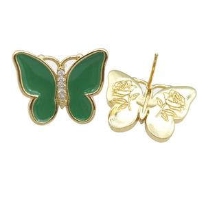 copper butterfly Stud Earring with green enamel, gold plated, approx 16-20mm [FN24363]